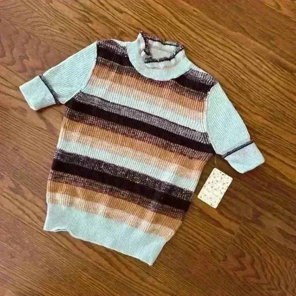 Free People NWT Best Intentions Knit Striped Short Sleeve Sweater Size XS Boho - Picture 2 of 10